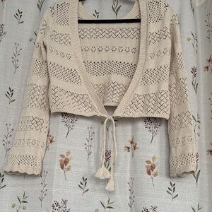 Women's Cream Crochet Tie Front Cardigan